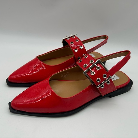 Steve Madden Smokee Red Slingback Flats | Silver Buckle Detail Sz 6.5 Vegan NWB - Picture 5 of 11